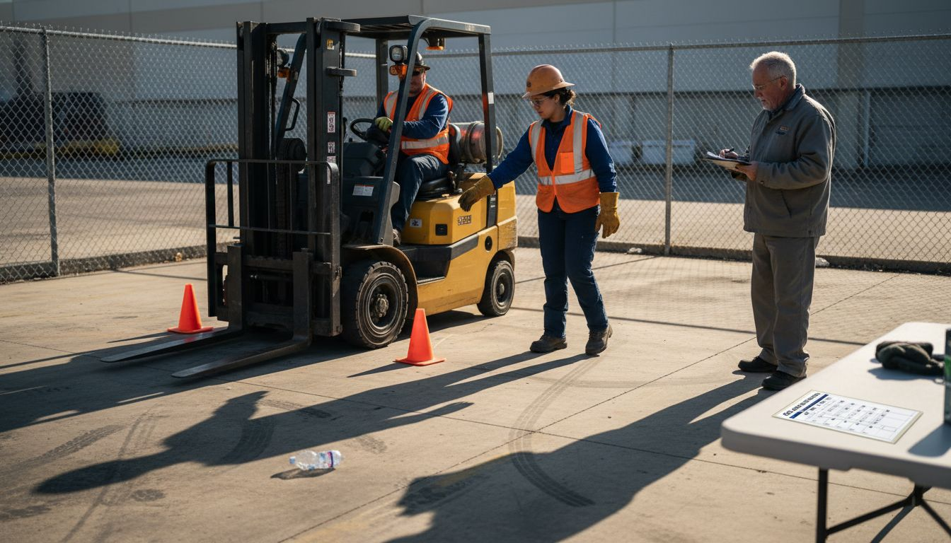 Workers practicing forklift recertification exercises