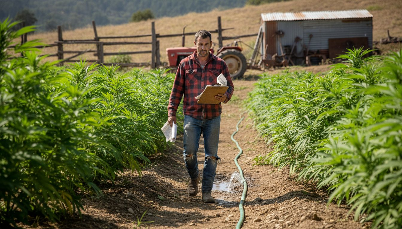 Worker surveys organic cannabis farm hillside