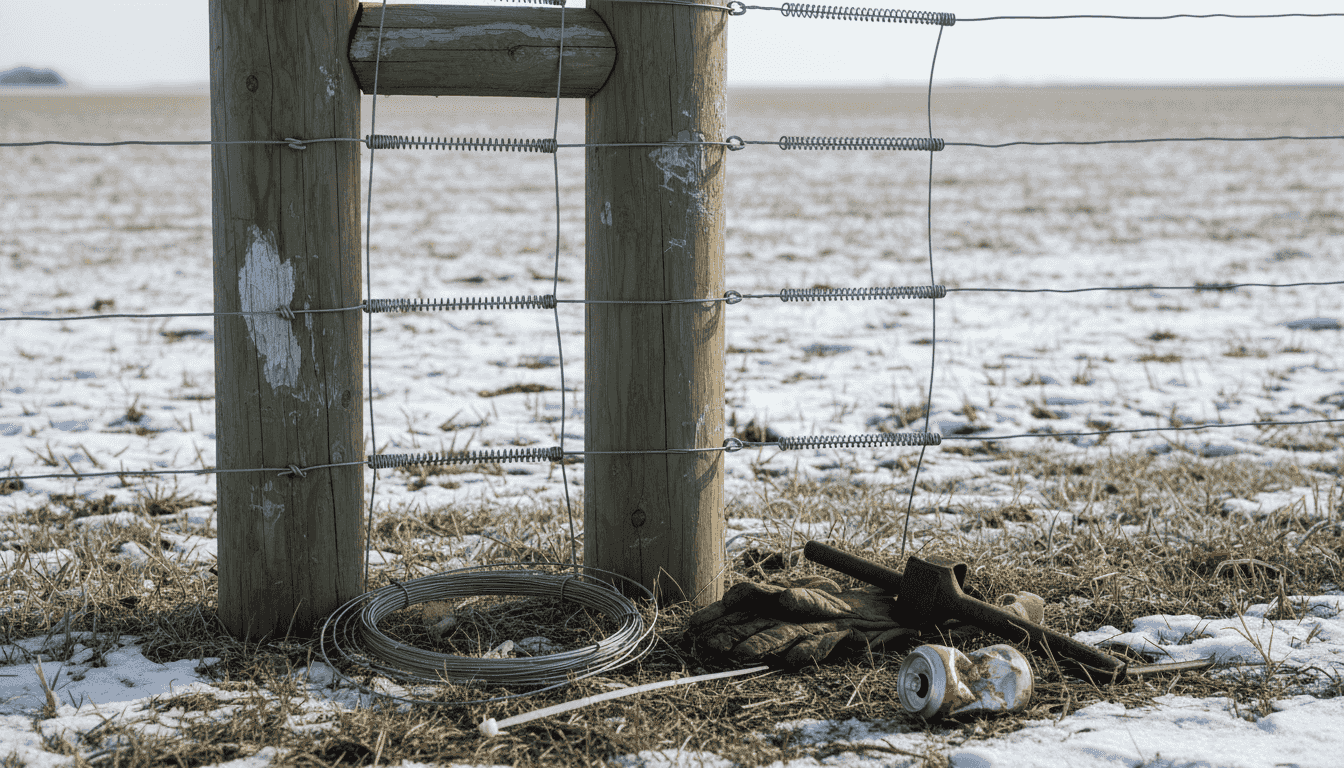 High-tensile wire fence corner with tools