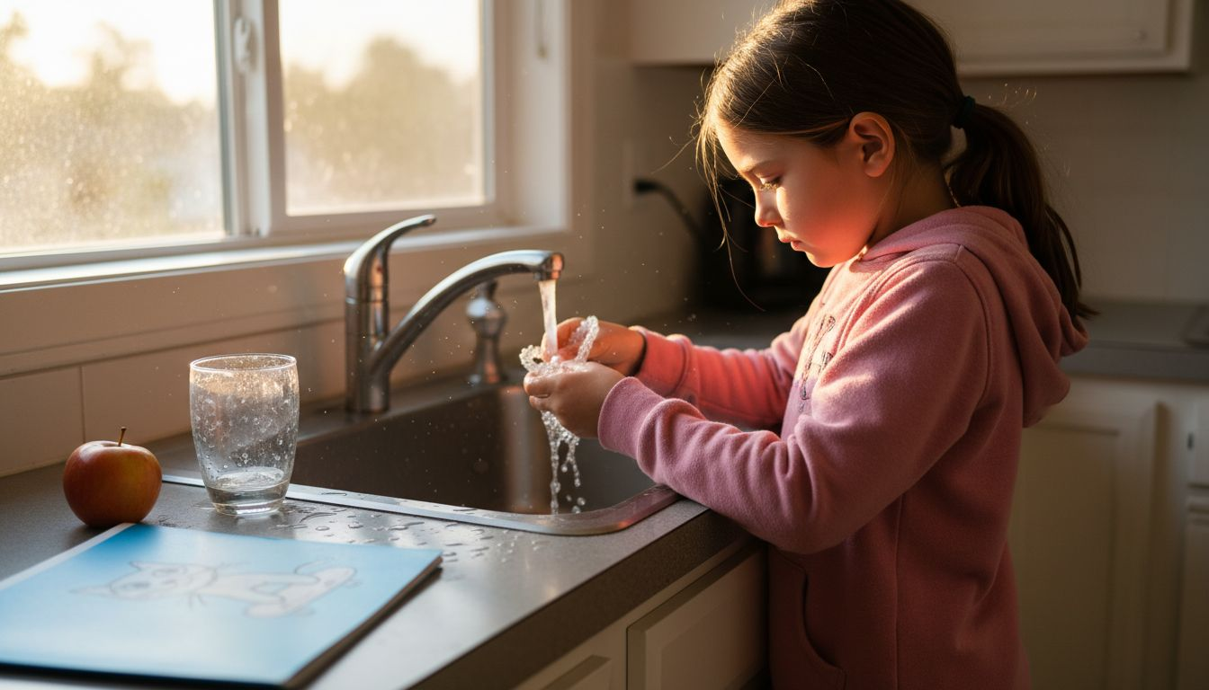 Child cleaning Invisalign trays in kitchen