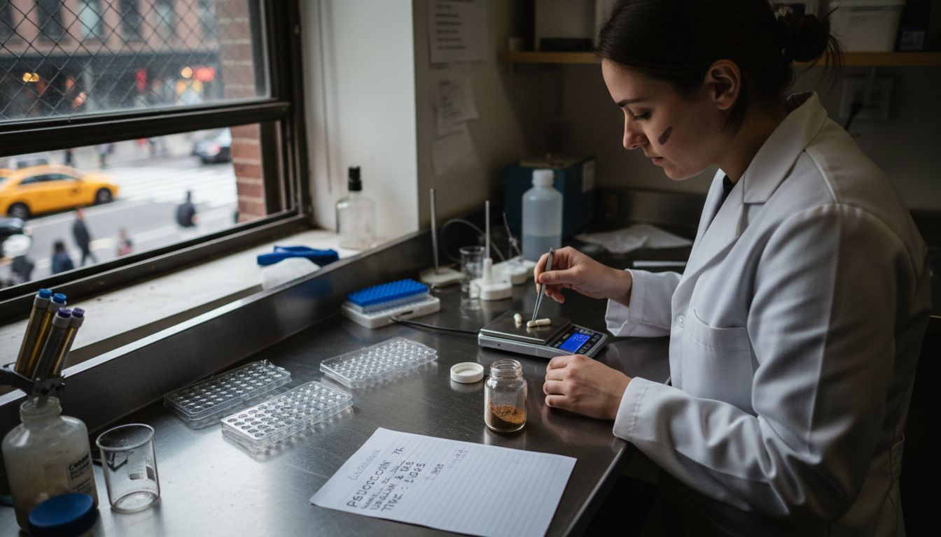 Lab technician calibrating psilocybin doses