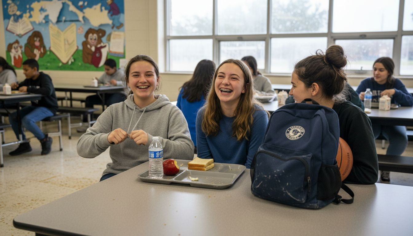 Teen with metal braces eating lunch with friends