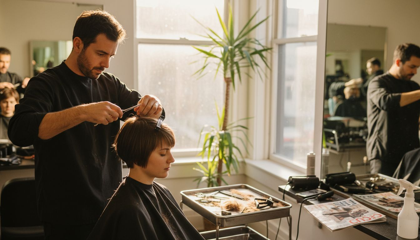 Stylist cutting client’s hair in busy studio