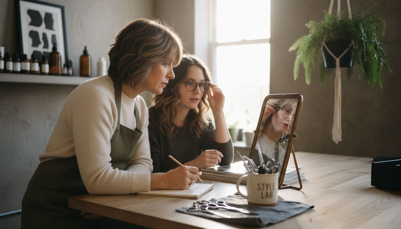 Stylist and client discussing face shape options