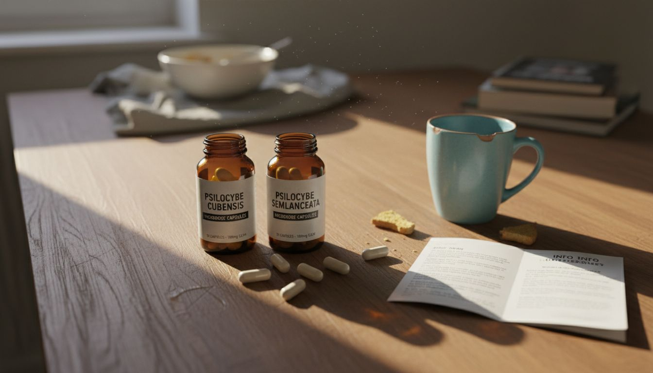 Microdosing capsules and strain bottles on worn table