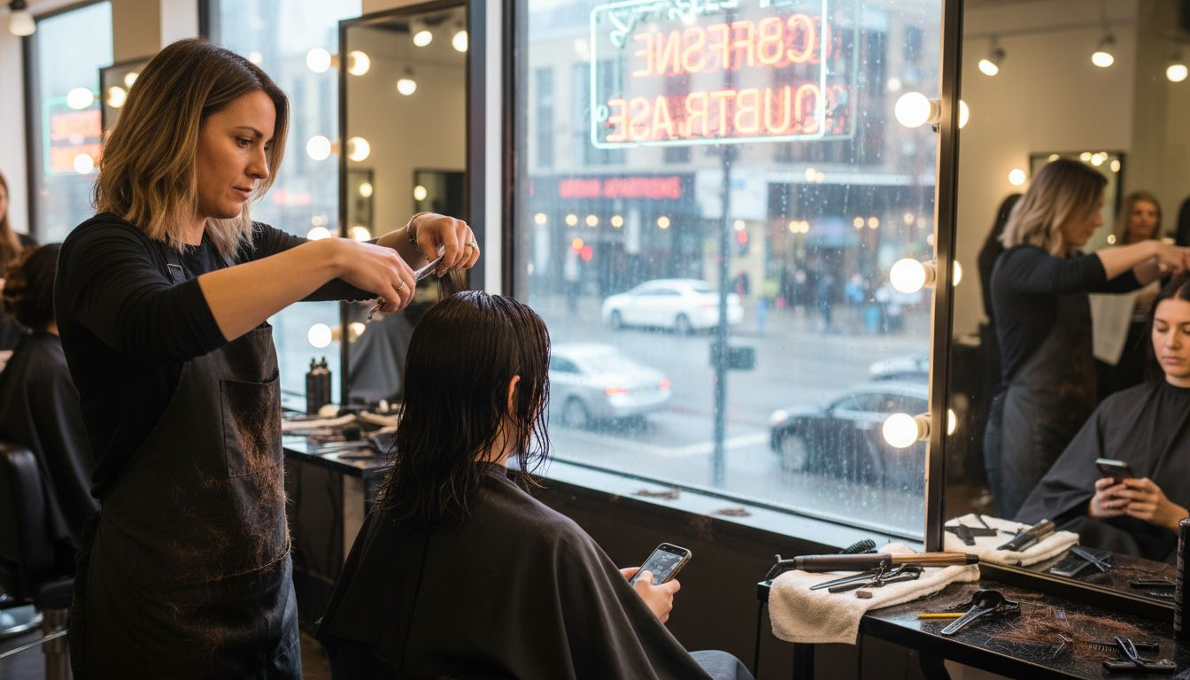 Salon stylist trimming hair in city salon