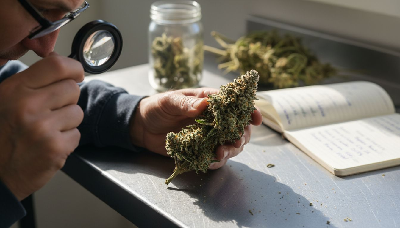 Inspecting cannabis trichomes with loupe