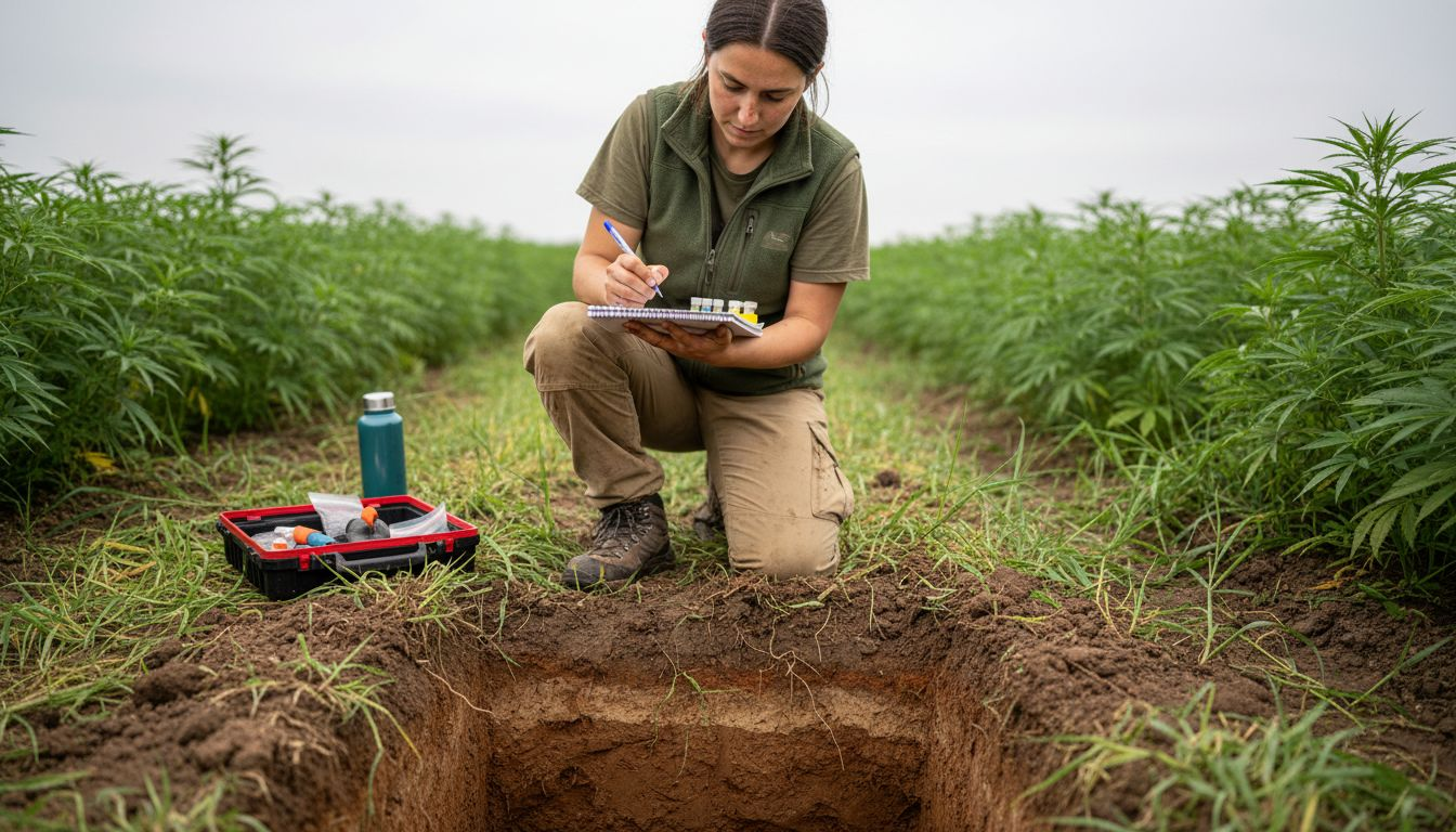 Technician analyzing hemp field soil sample