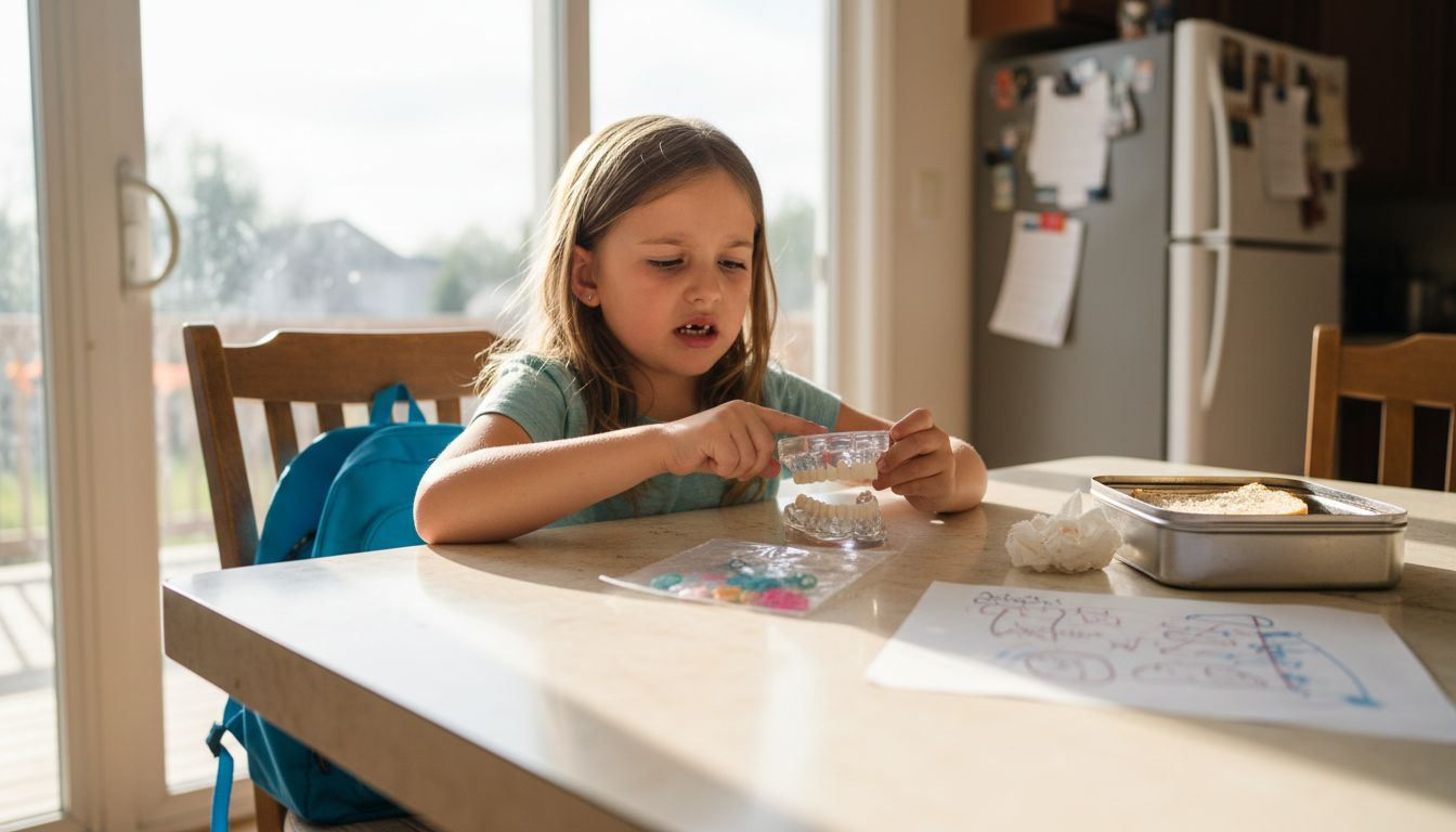Child examines dental models at home table