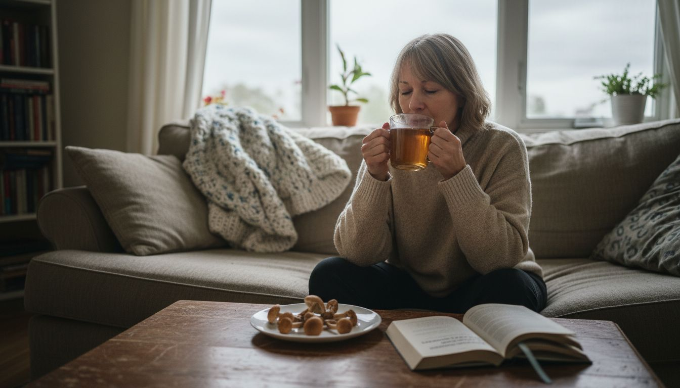 Woman relaxing with psilocybin tea and raw mushrooms