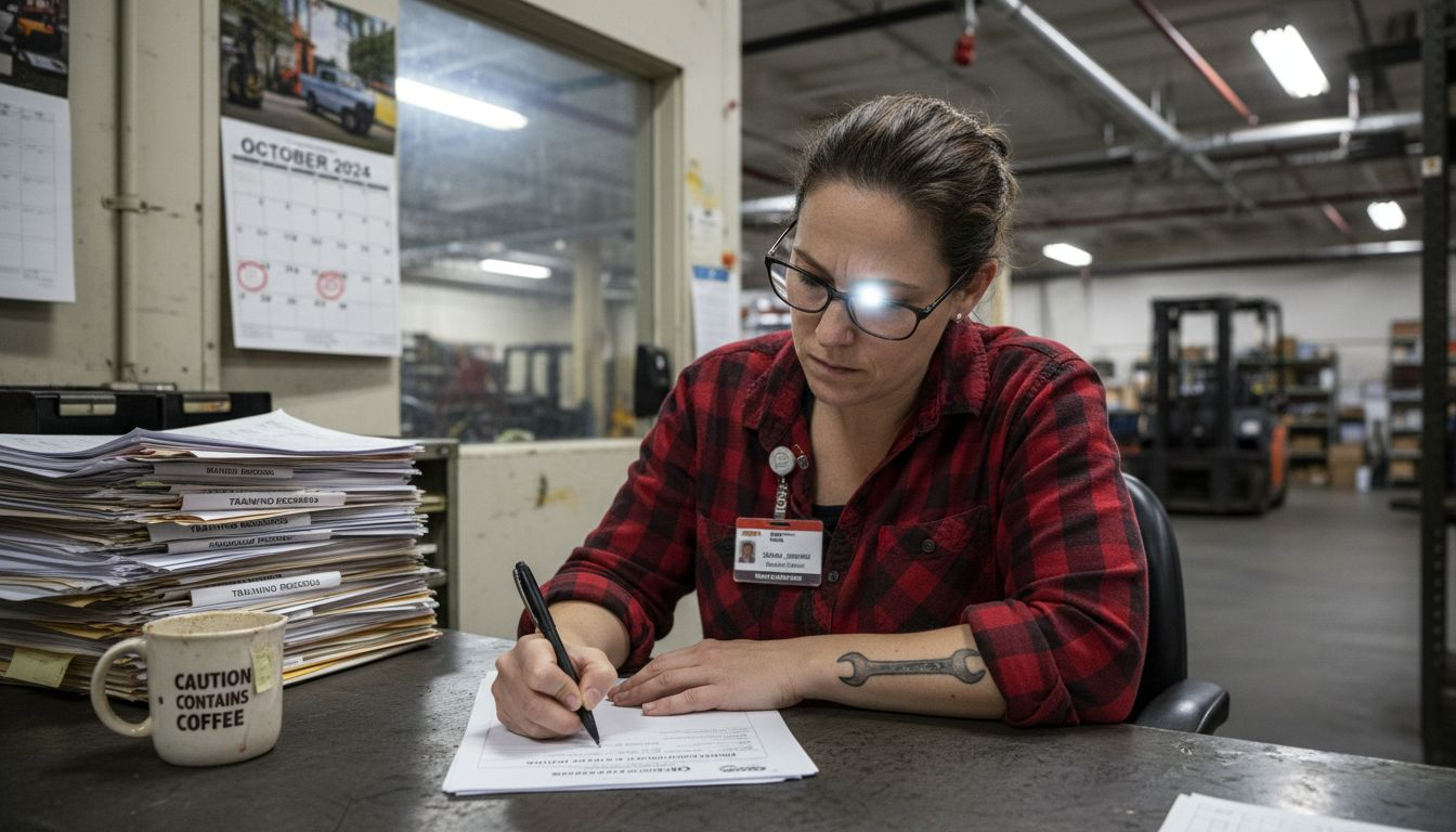 Trainer completing forklift training documentation