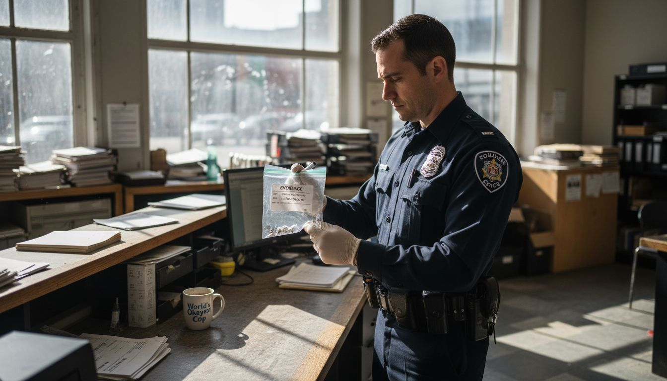 Police officer labels psilocybin evidence bag