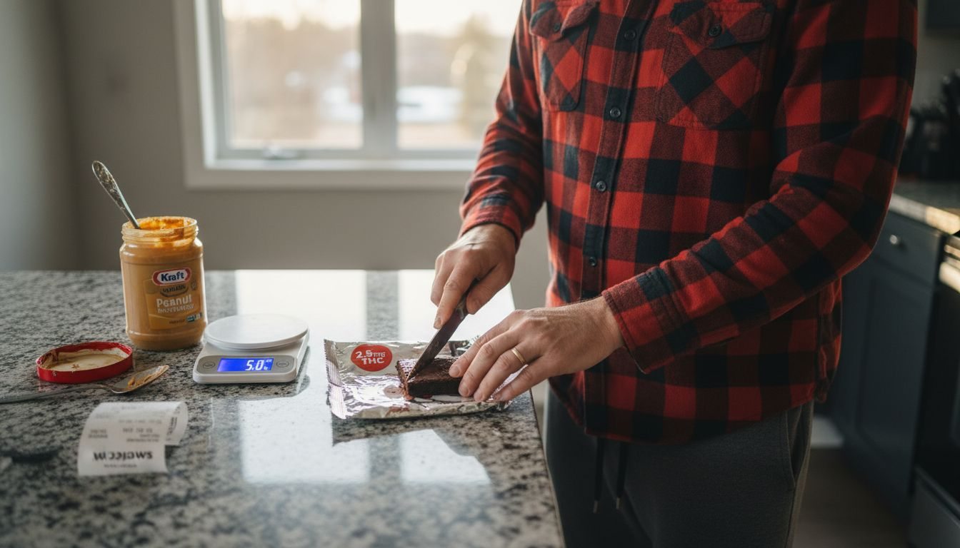Man splitting cannabis edible into measured doses