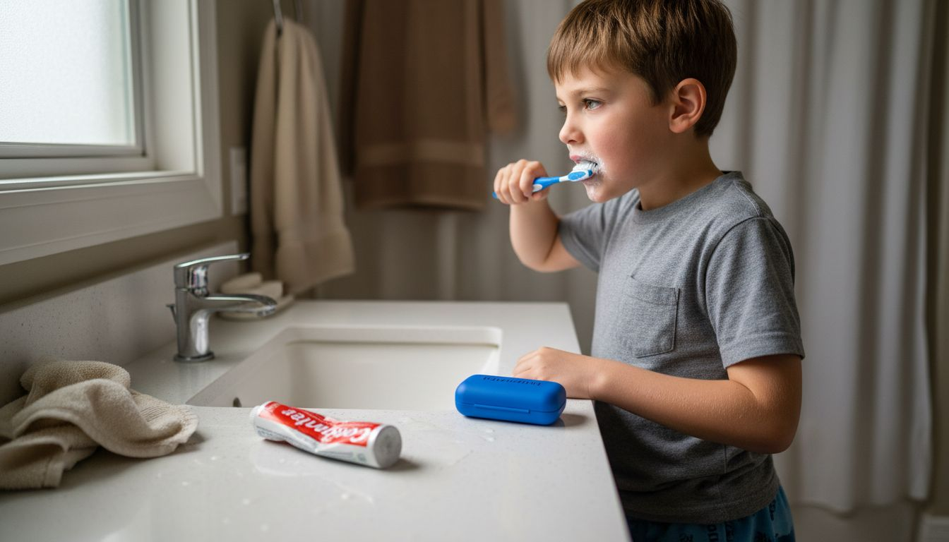 Child brushing teeth, Invisalign case on sink