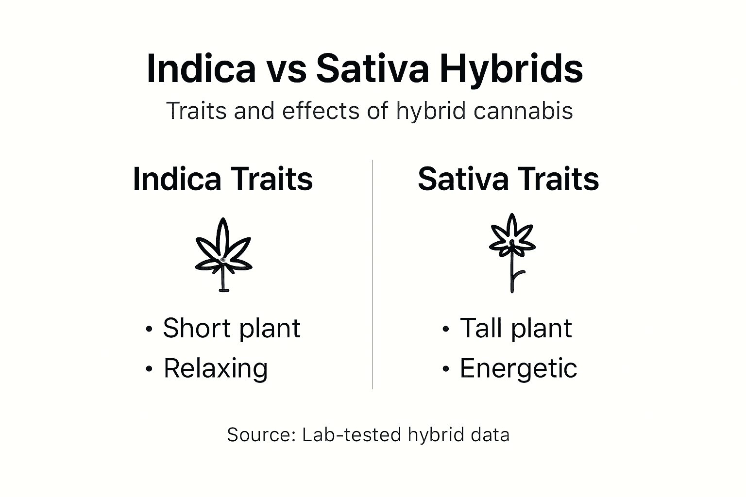 Infographic comparing indica, sativa, and hybrid traits