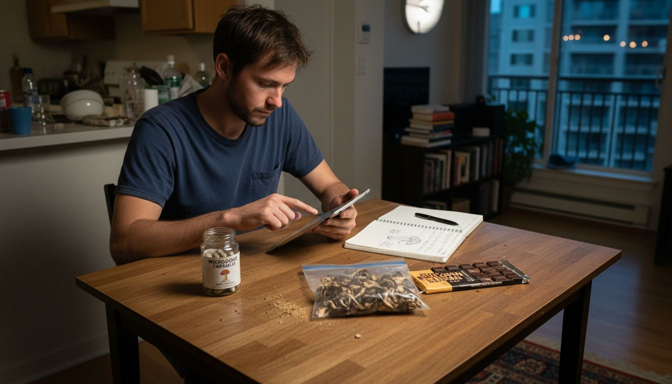 Man comparing mushroom capsules dried and edibles