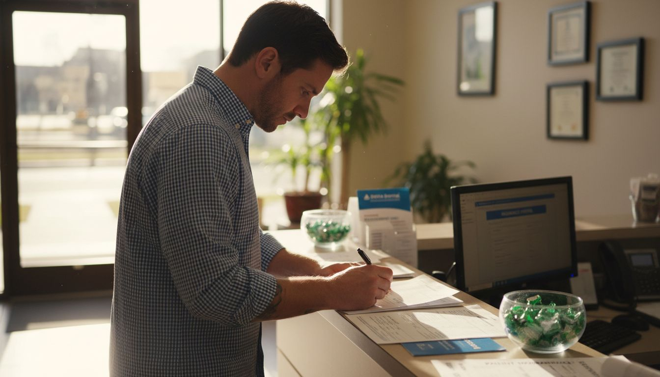 Adult man filling orthodontic forms at reception