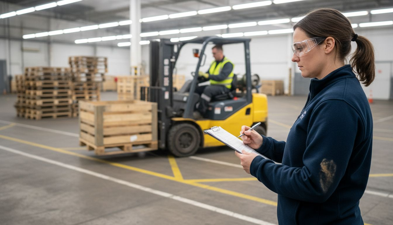 Evaluator scoring forklift skills during training