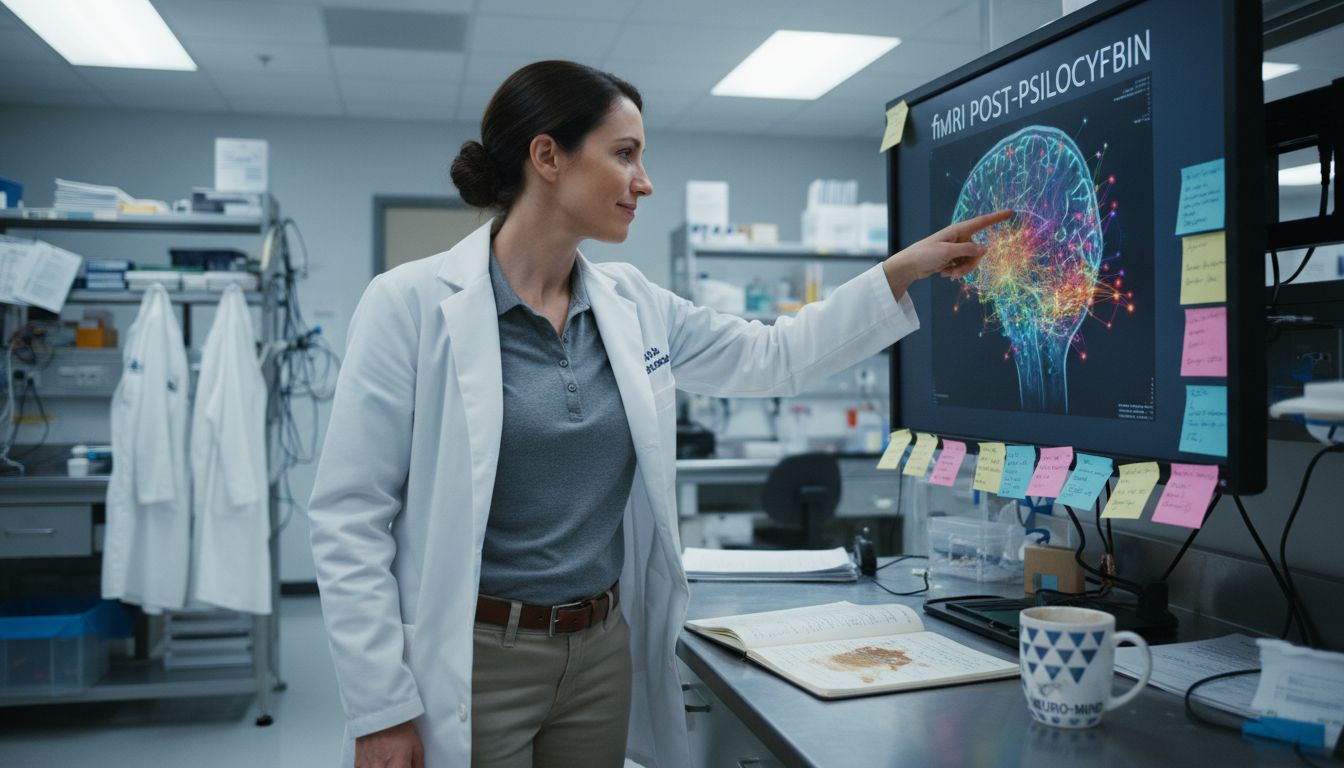 Scientist reviews psilocybin brain scan results