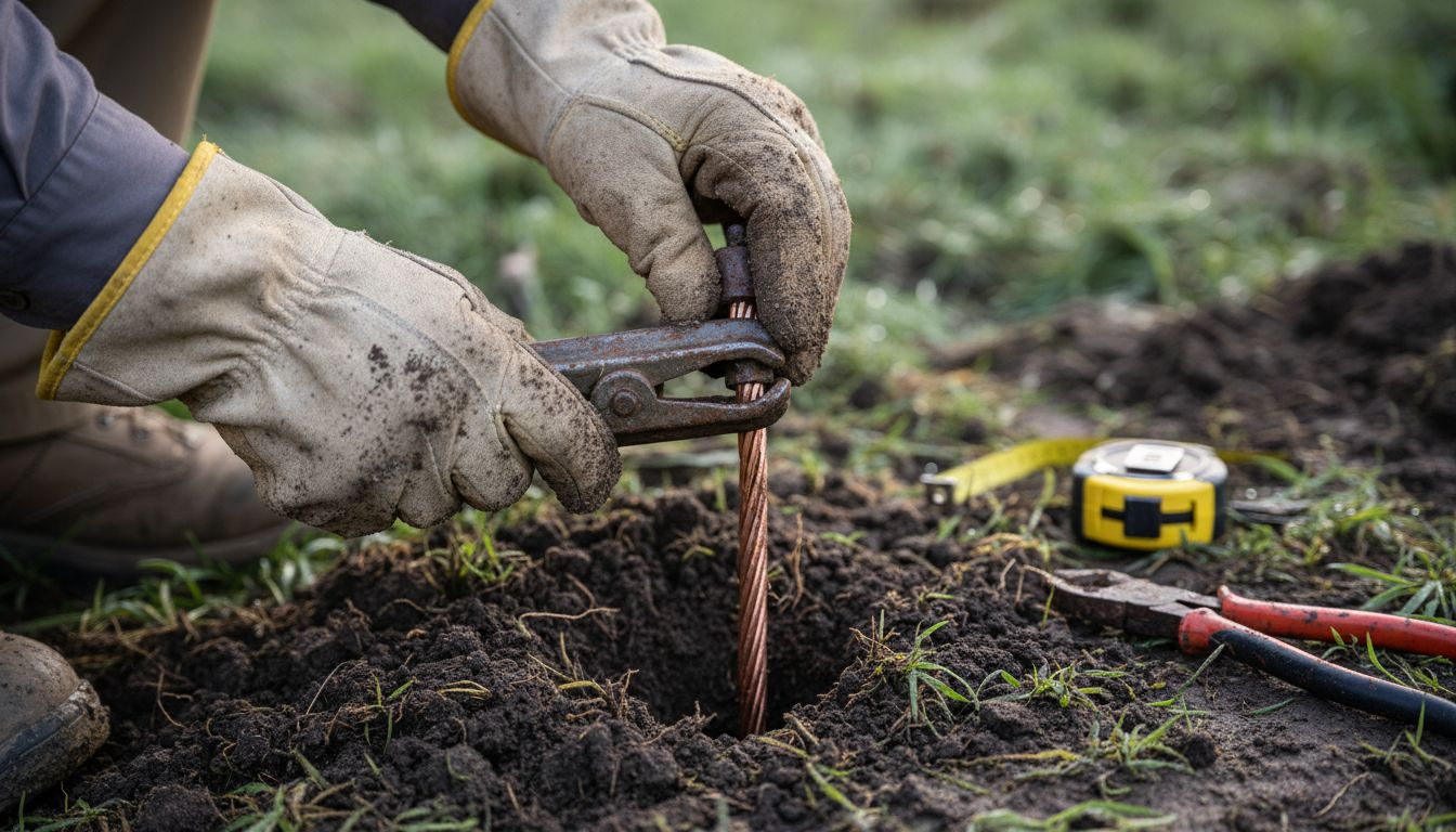 Hands clamping wire to ground rod tip