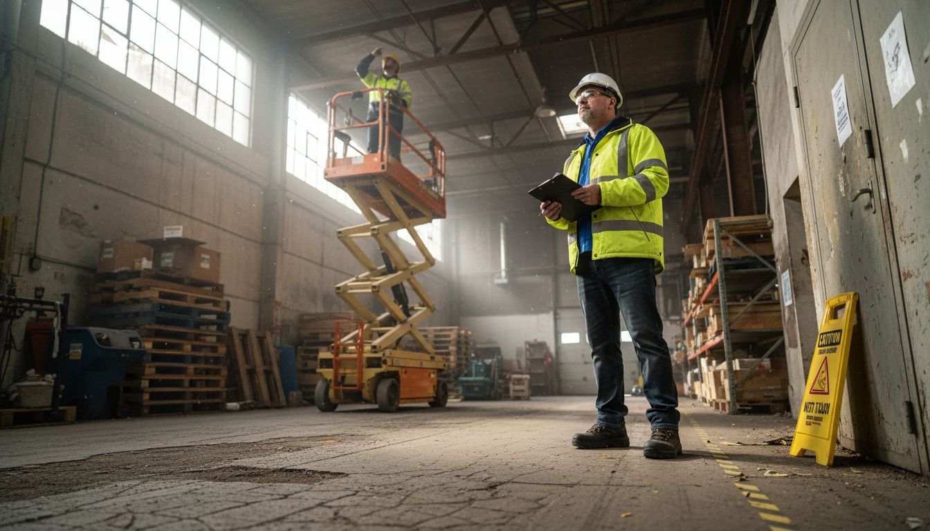 Inspector reviewing scissor lift safety hazards