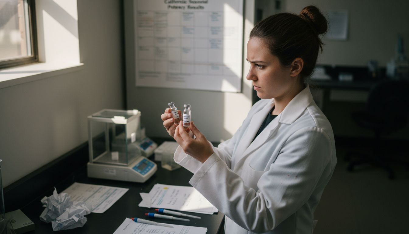 Lab tech comparing cannabis potency test vials
