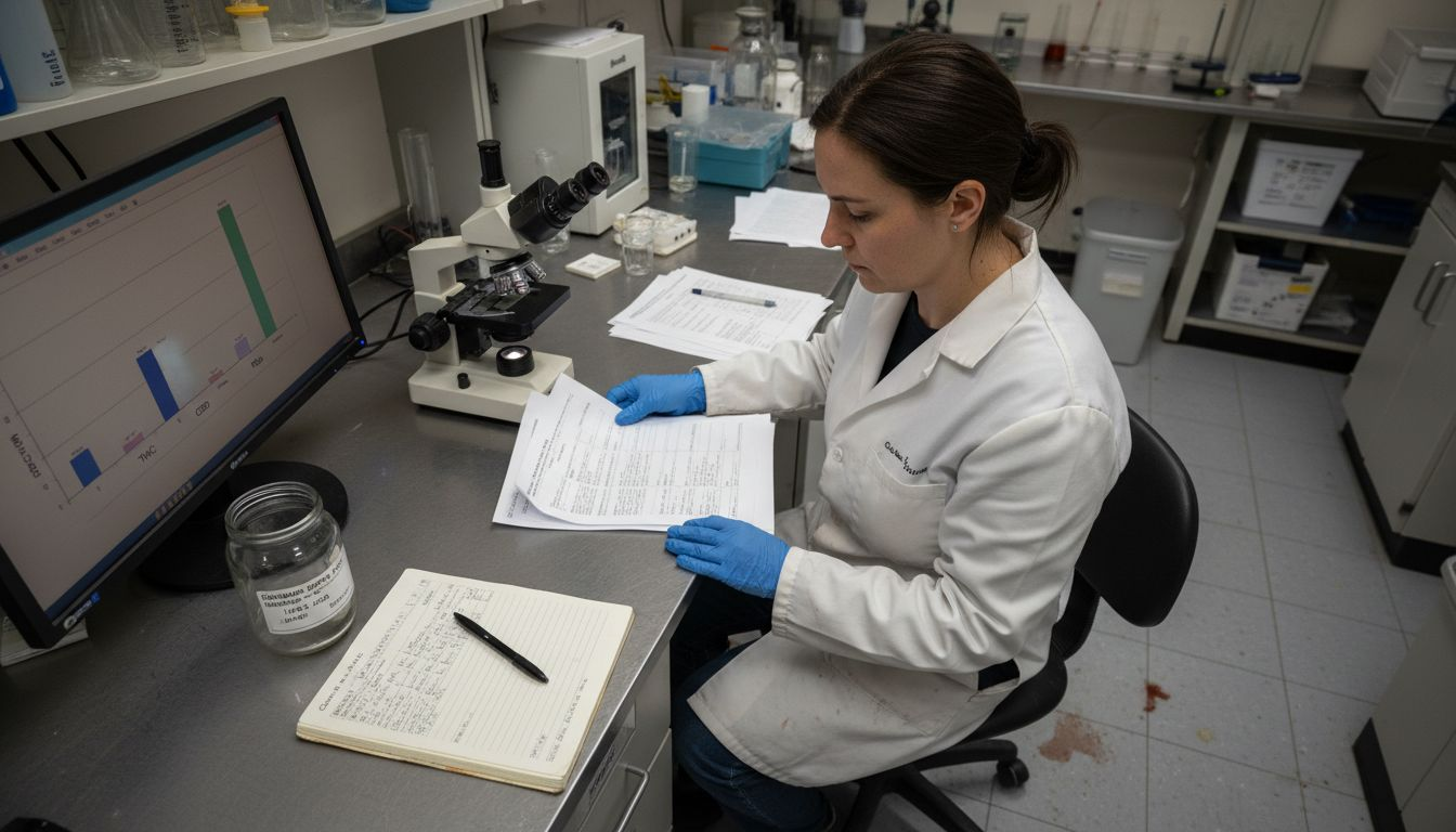Lab technician analysing cannabis chemical report