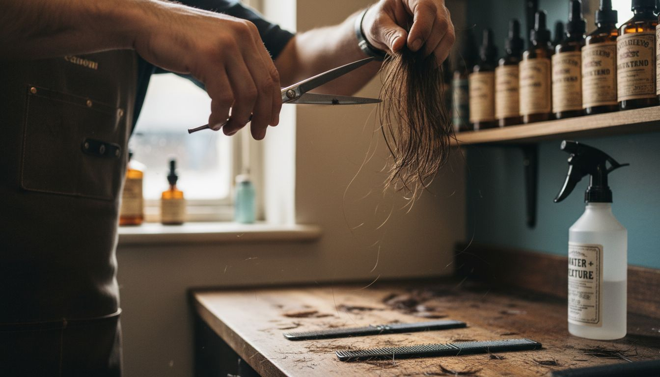 Closeup barber cutting hair with scissors