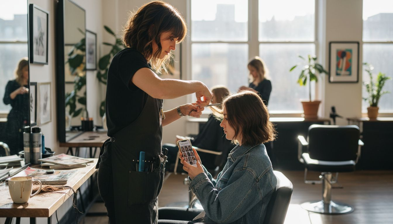 Stylist giving artistic haircut at salon