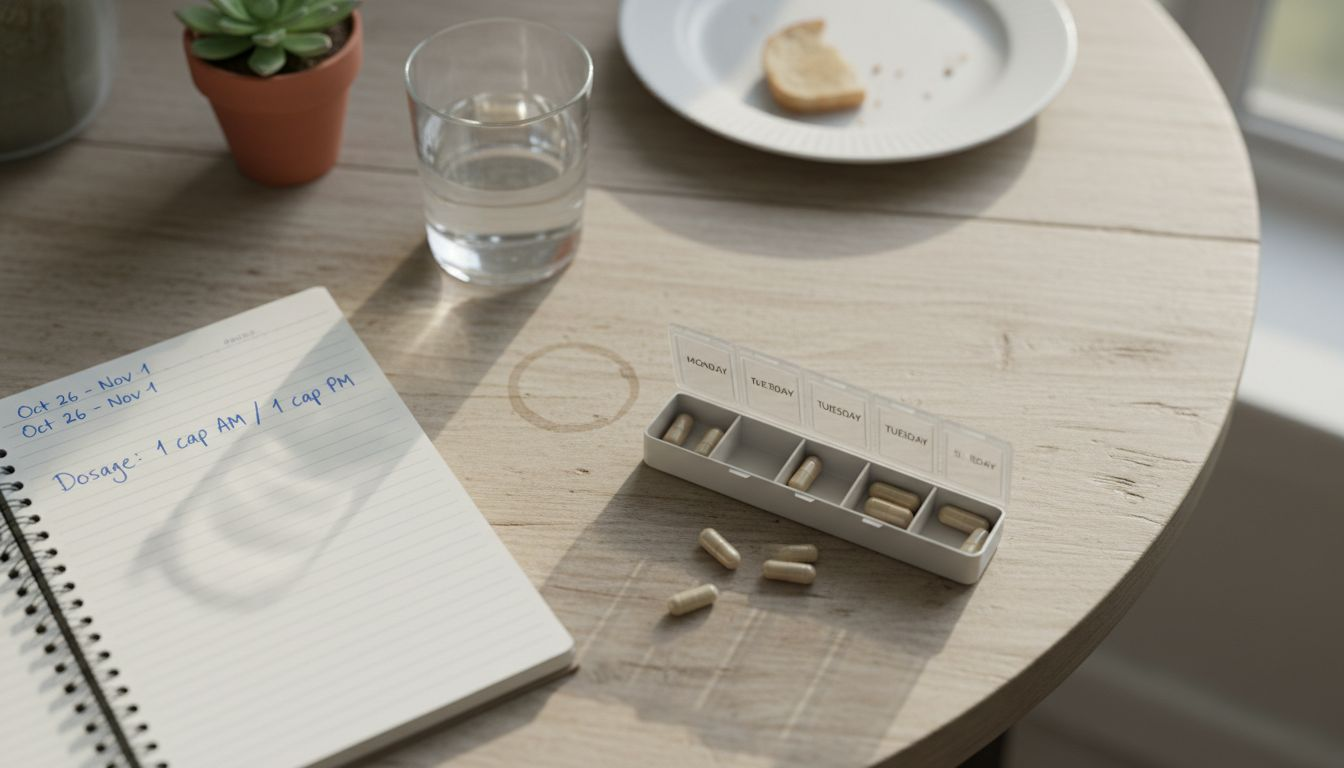 Microdosing psilocybin capsules and notes closeup