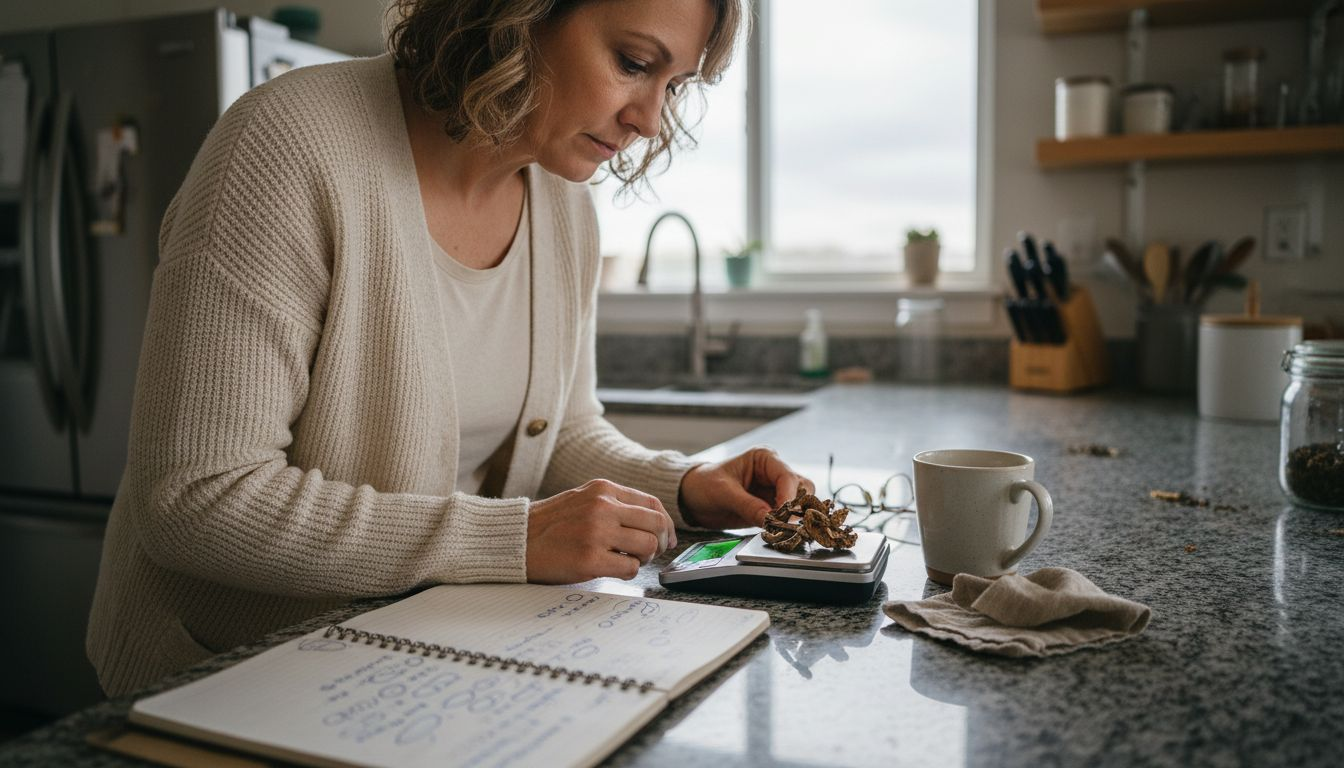 Woman accurately measuring mushroom dosage