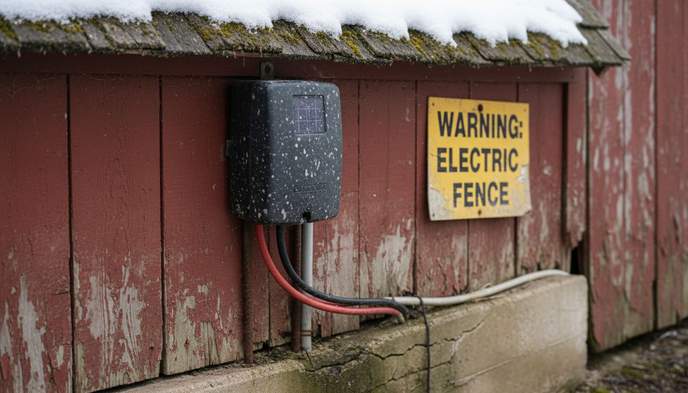 Mounted solar energizer outside barn during winter