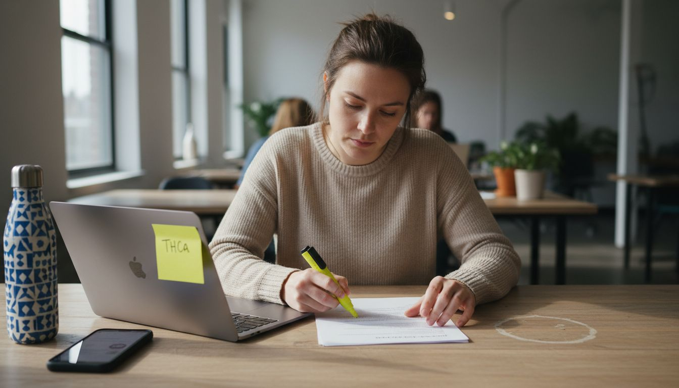 Woman highlighting hemp lab report in coworking space