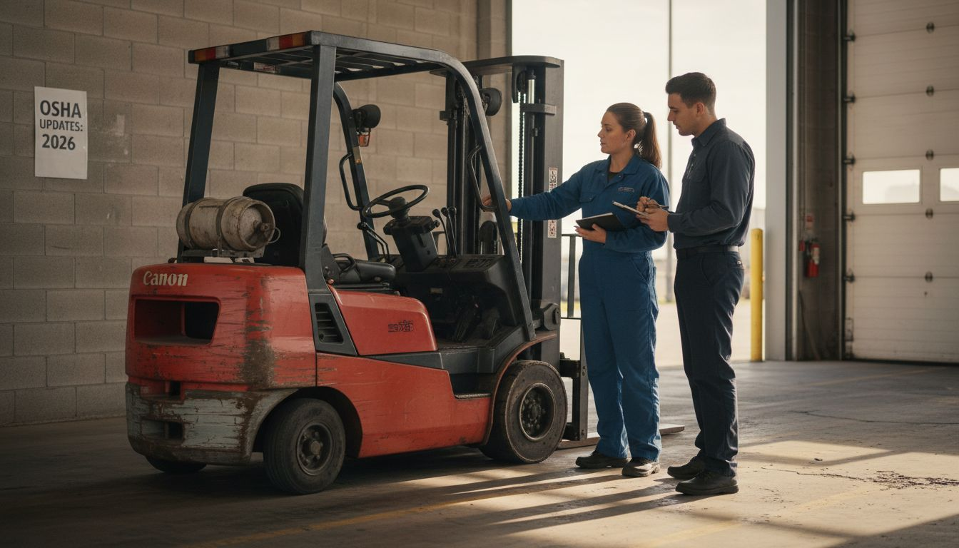 Trainer explains new forklift safety features to workers