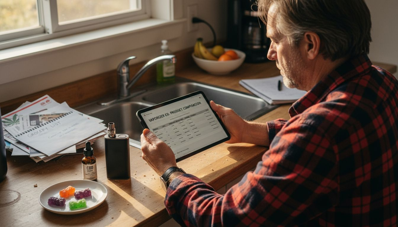 Man comparing cannabis dosing methods in kitchen