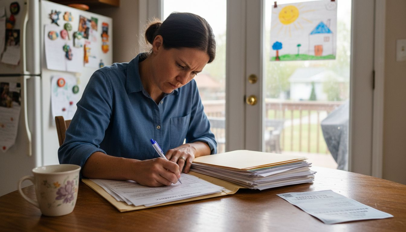 Parent filling out insurance forms at kitchen table