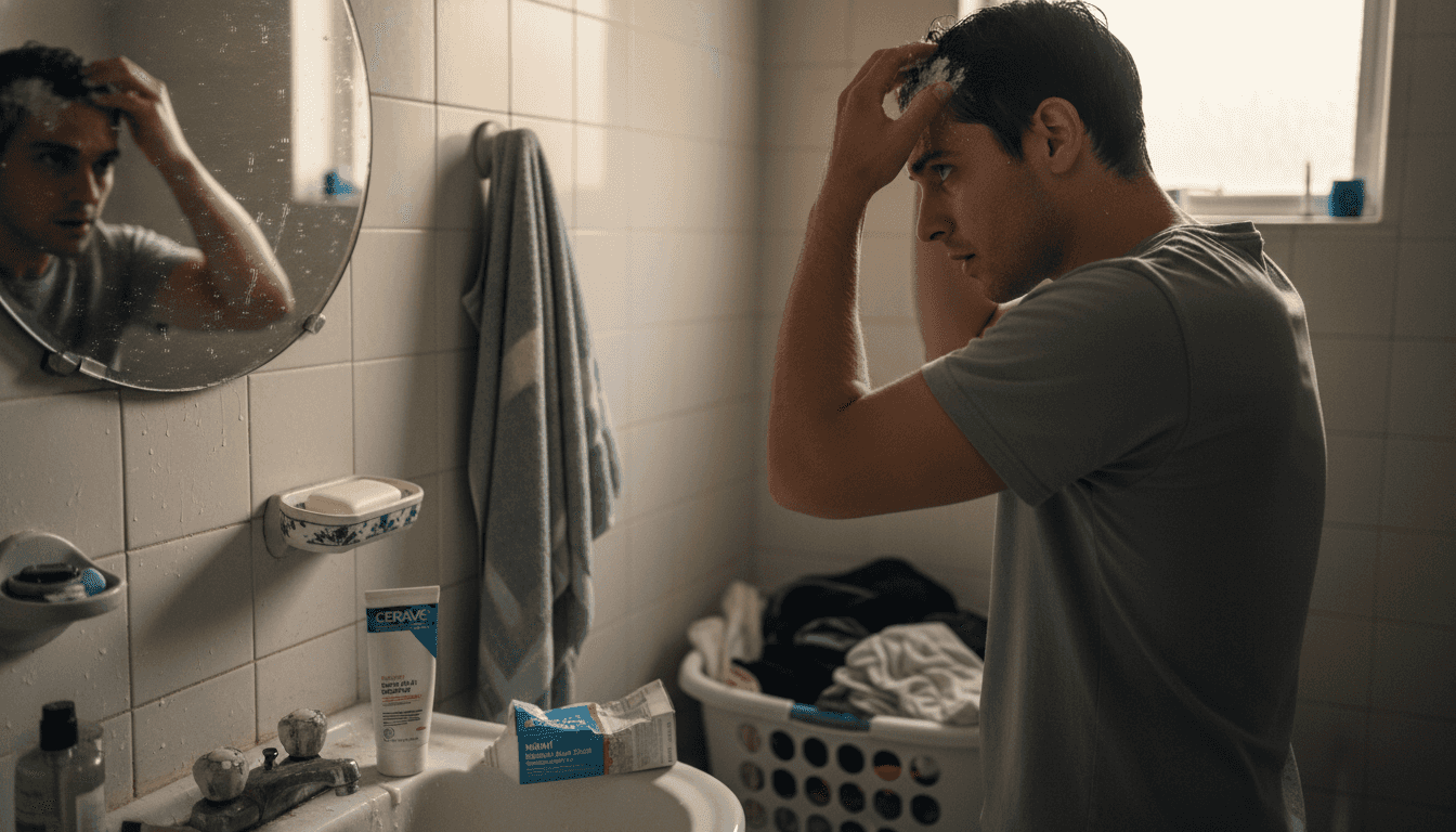 Man using scalp exfoliation scrub