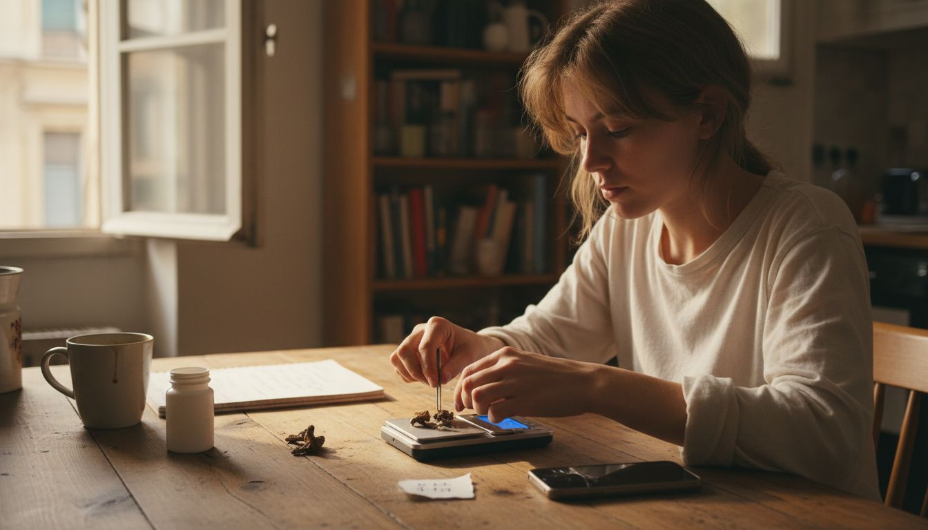 Weighing psilocybin microdose in kitchen