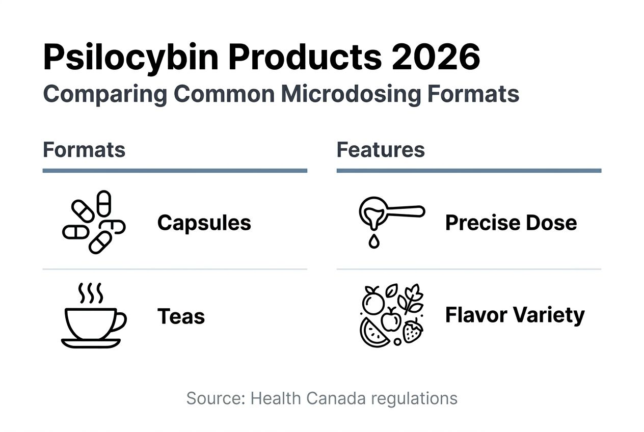 Infographic of psilocybin microdosing product types and features
