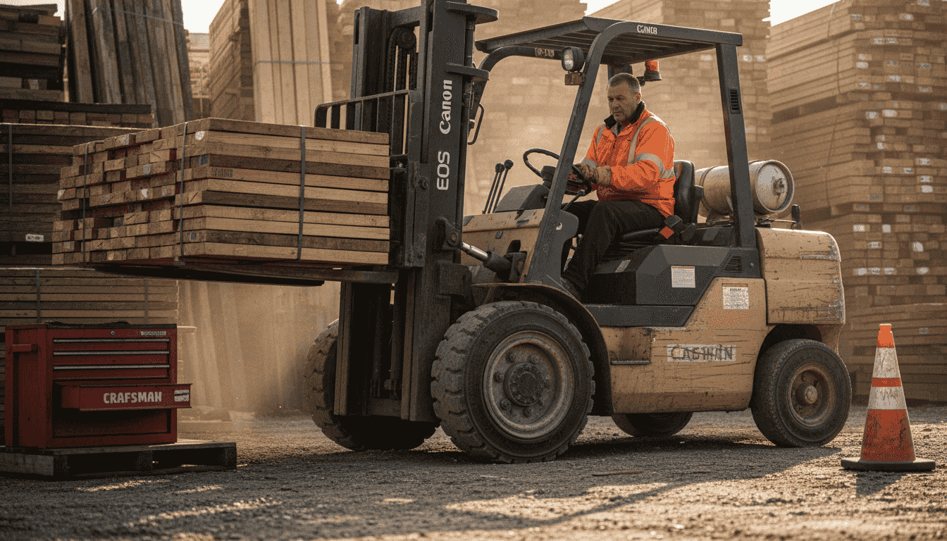 Rough terrain forklift working in lumber yard