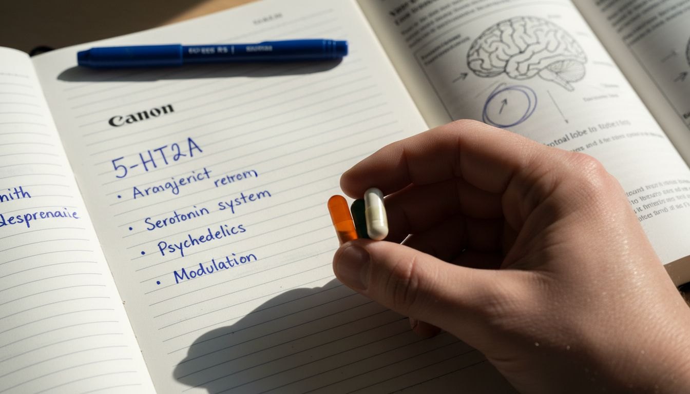 Hand holding capsules beside brain diagram notes