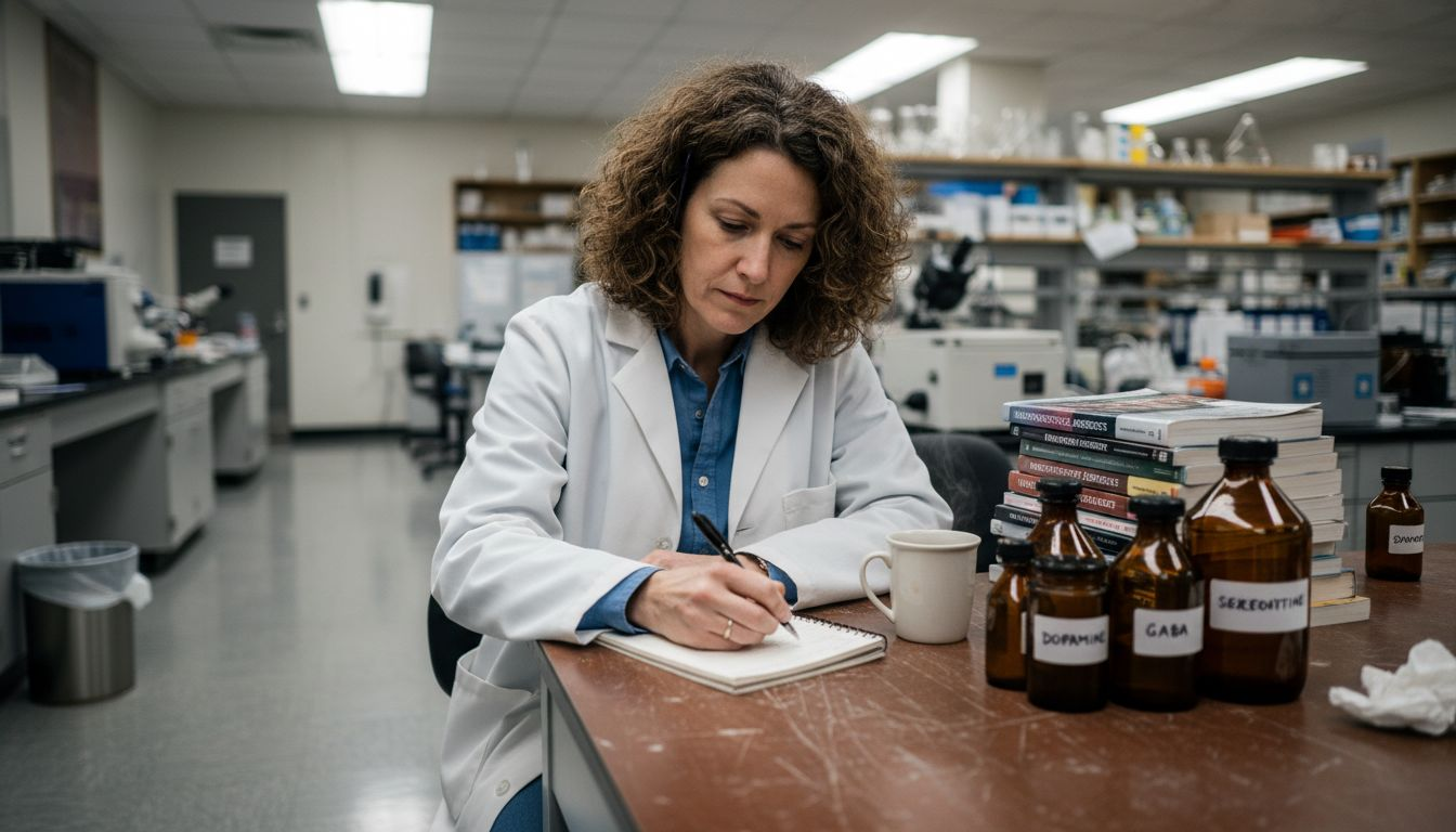 Scientist analyzing psilocybin research notes