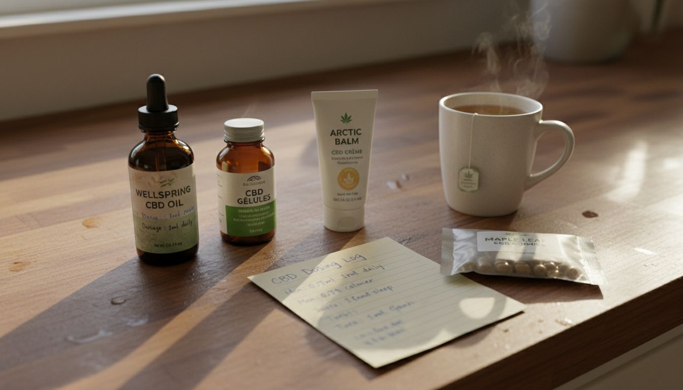 Assorted CBD products on kitchen counter