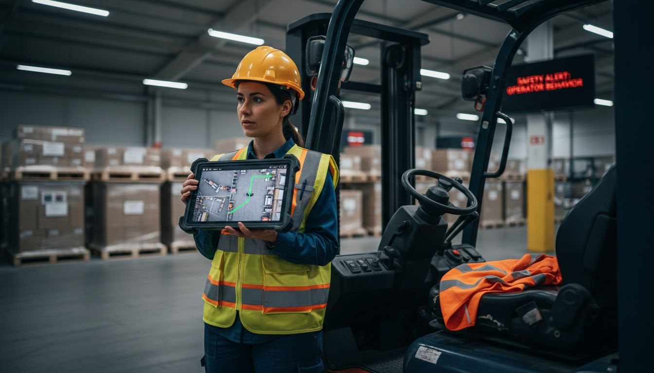 Supervisor checks AI monitoring footage in warehouse