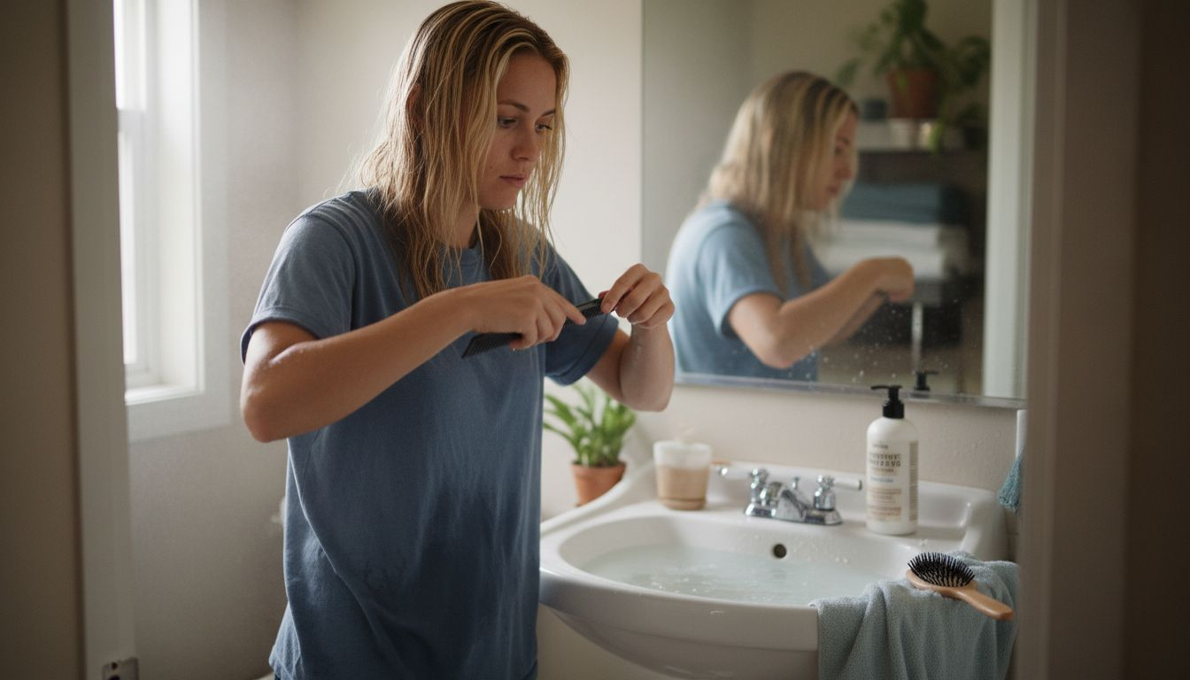 Detangling wet blonde hair with wide-tooth comb