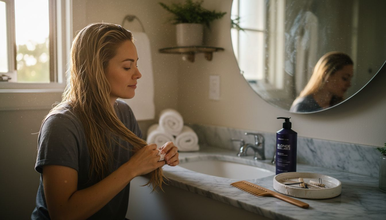 Blonde woman applying hair product at home
