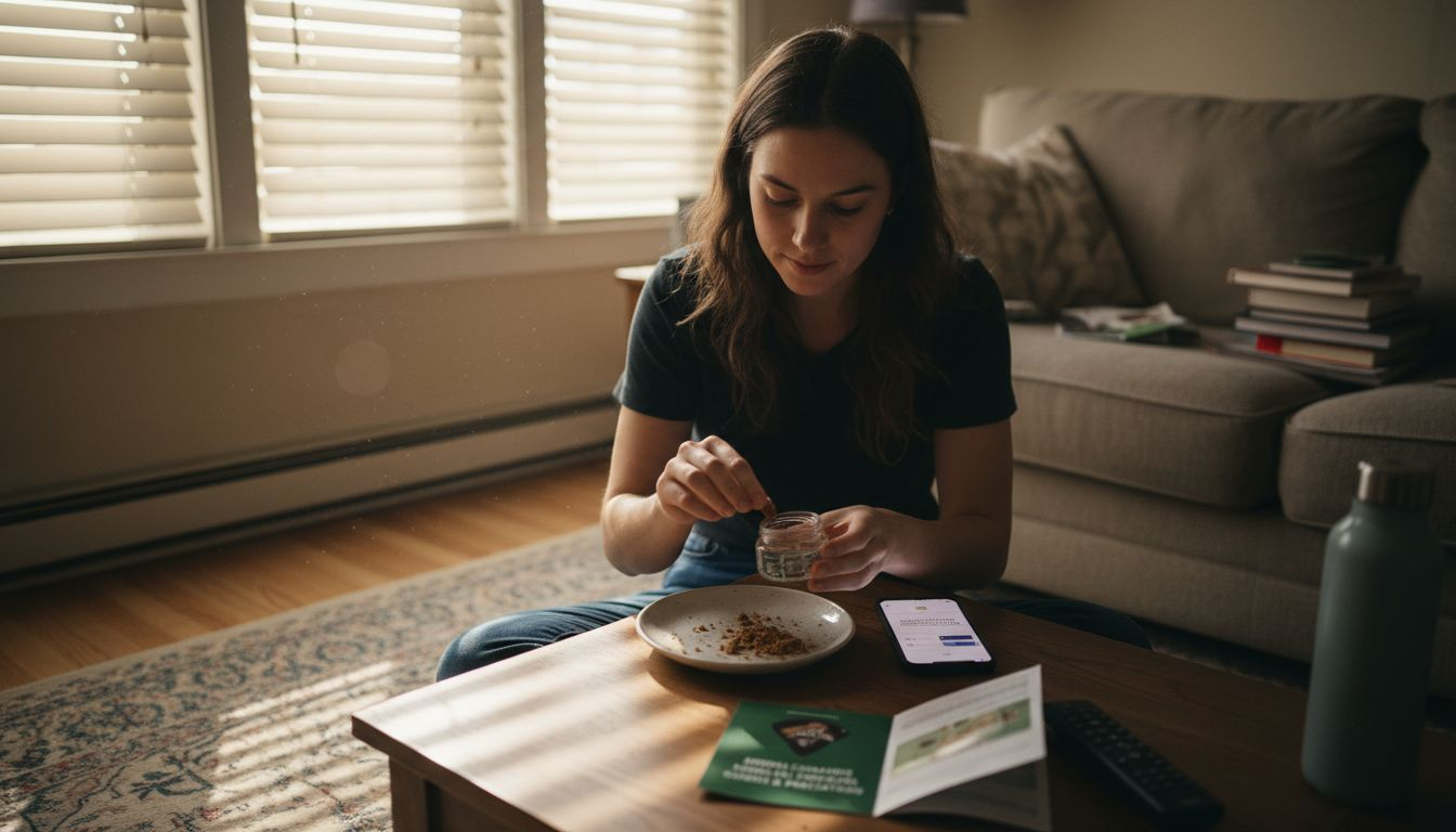 Woman measuring cannabis edibles with phone
