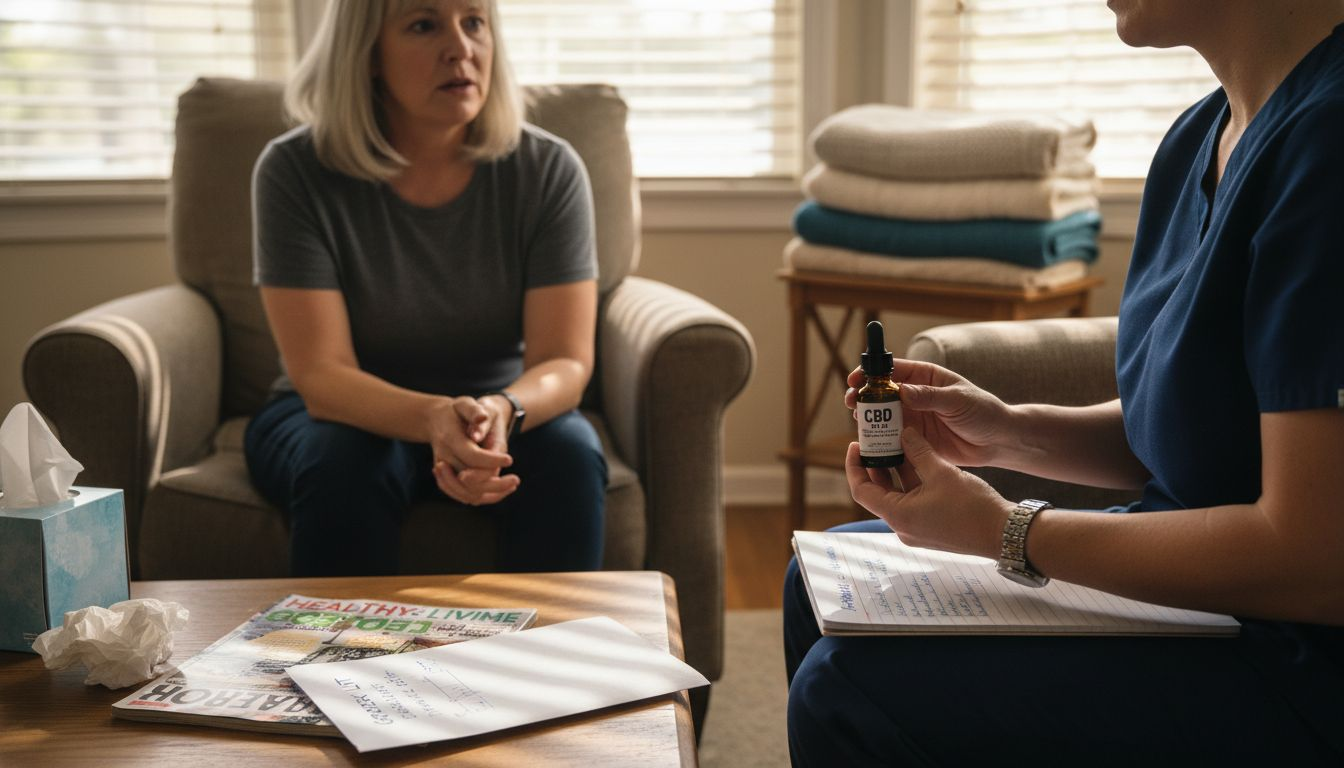 Home nurse discussing CBD oil for pain