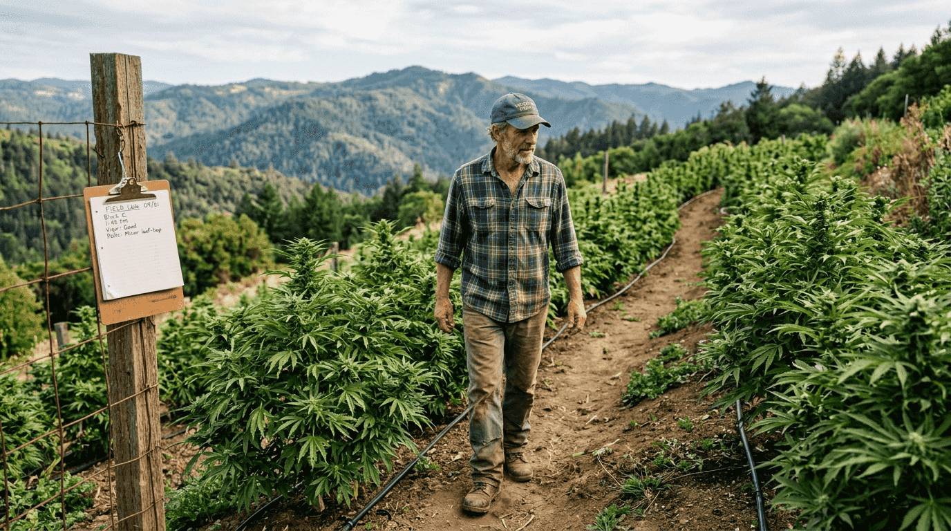 Farmer inspecting hemp crop outdoors