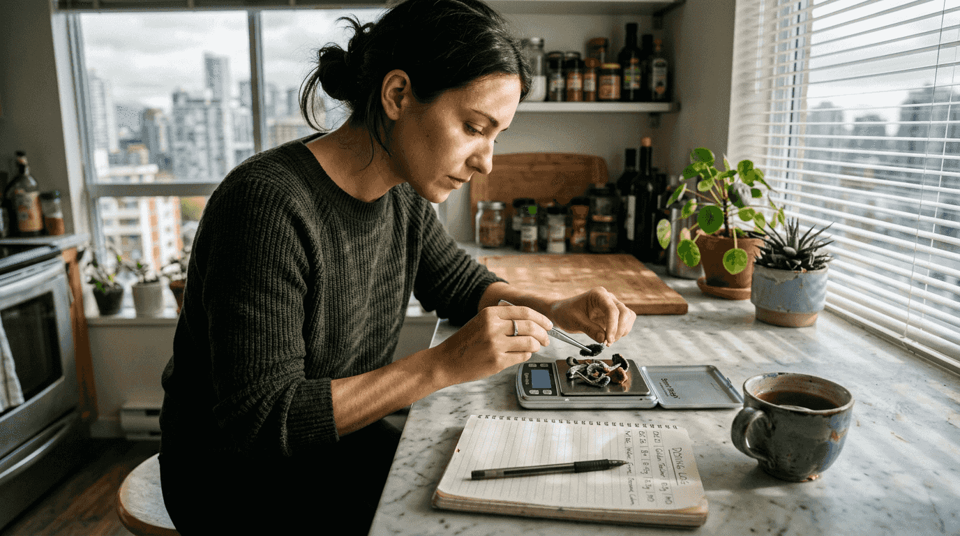 Woman weighing psilocybin with dosing notes